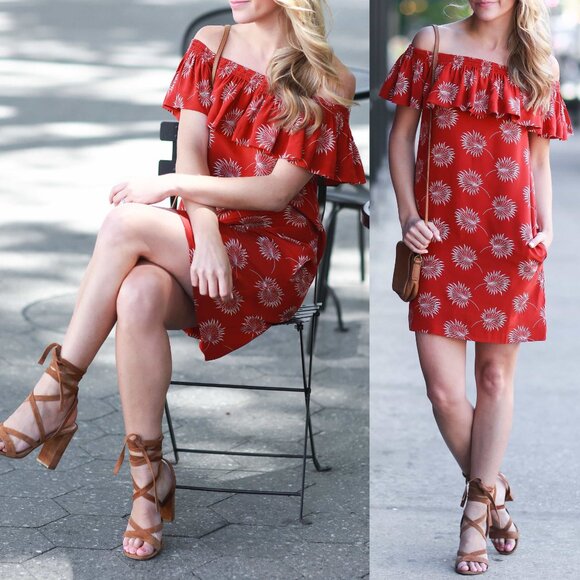 Madewell 100% Silk Palmflower Off The Shoulder Ruffle Mini Dress M $150 Rust - Picture 4 of 16